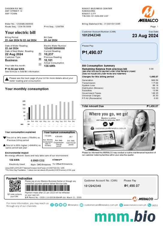 Filipiny Meralco rachunek za usługi komunalne Word i szablon PDF